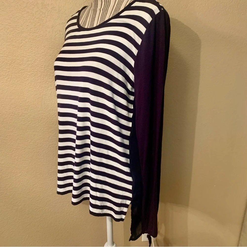 MK Michael Kors Tunic Top Small Navy Blue White Striped Front Sheer Back
